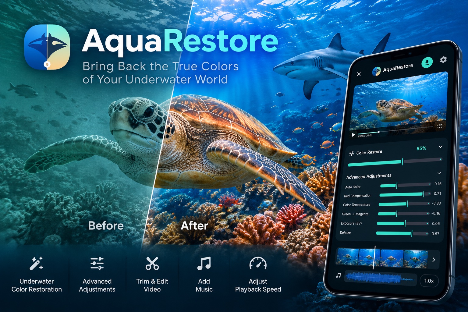 AquaRestore banner showing underwater footage before and after color restoration beside the mobile editor