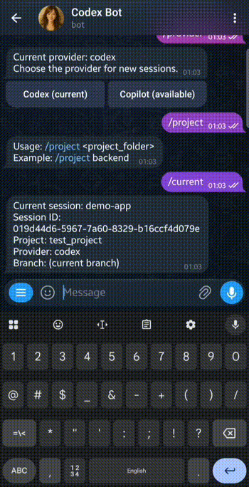 Animated walkthrough of controlling a coding agent using Telegram voice messages