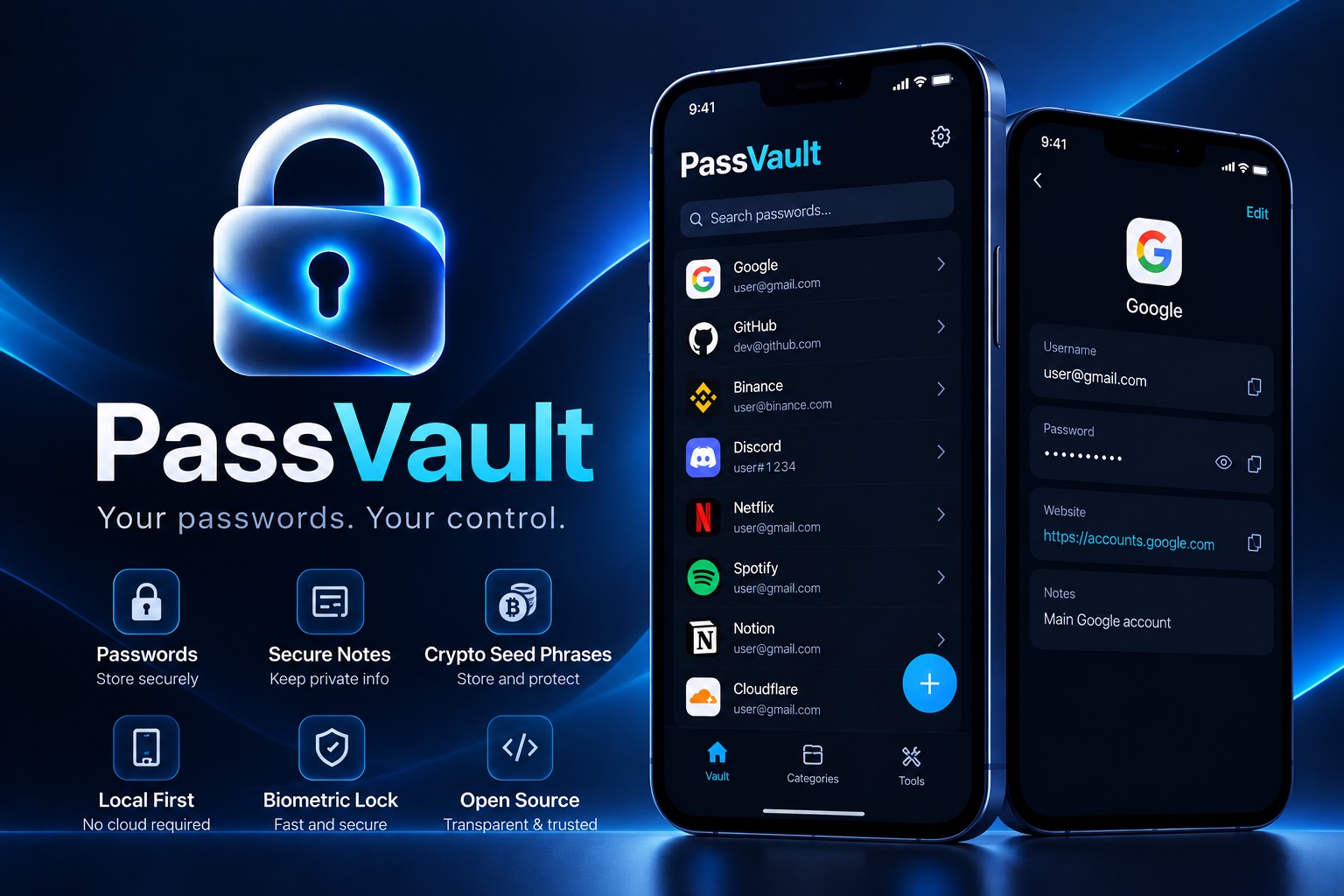 PassVault: your passwords, your control. A glowing padlock beside the app on two phones